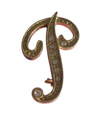 Vintage Gold Tone Monogram Letter "P" Brooch Pin Initial Clear Rhinestone 1.5"